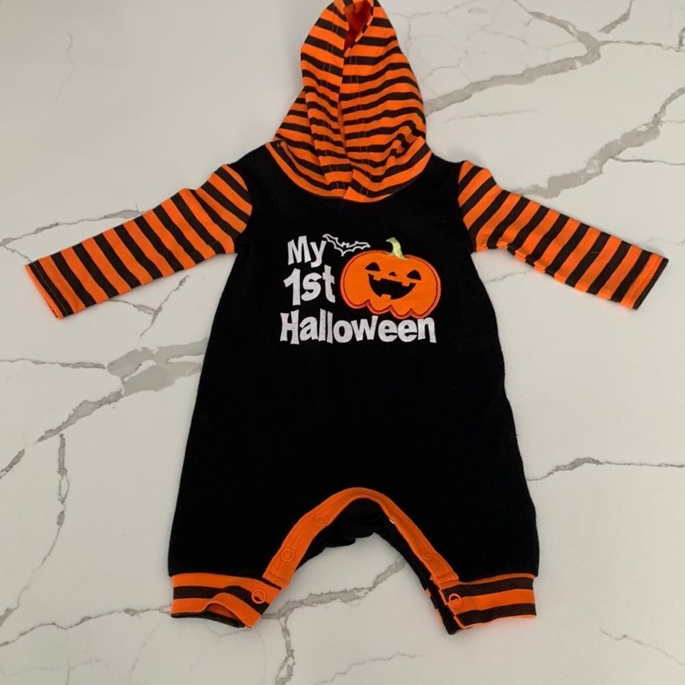 Baby Essentials First Halloween Infant Baby Romper Hoodie Black Orange Stripe 3M